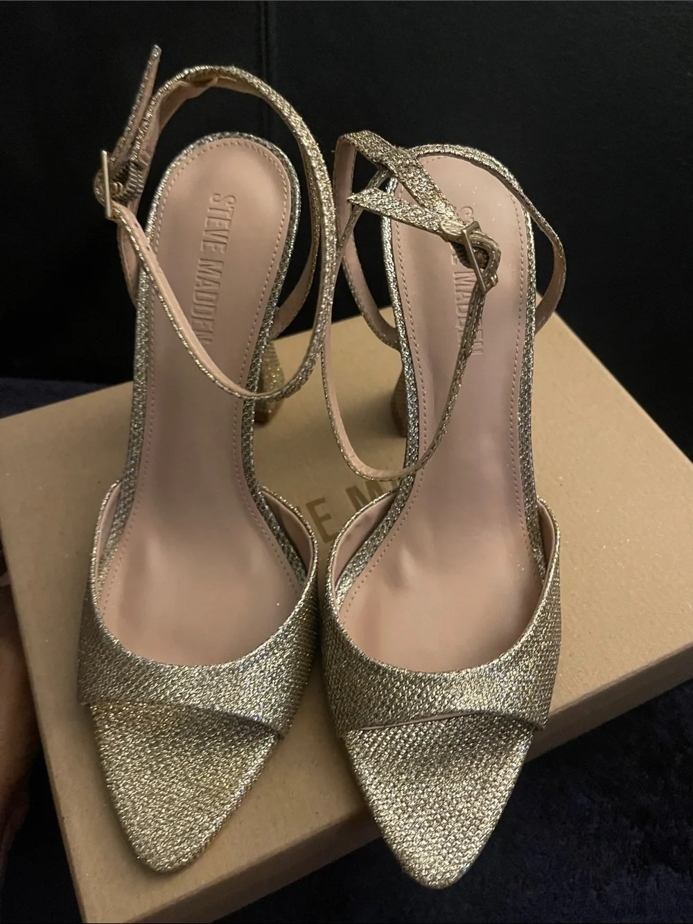 Steve Madden 4.5” Pointy Toe Metallic Gold Ankle-Strap High Heel Sandals NWB